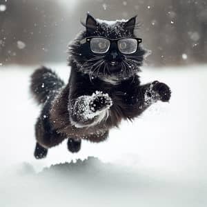 Playful Black Cat Jumping in Snow | Winter Joy
