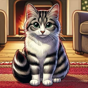 Curious Domestic Cat in Cozy Setting - Grey, White, Black Stripes