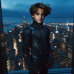 Stylish Hispanic Boy in Futuristic Supersuit on Skyscraper