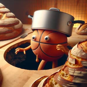 Whimsical Basketball Character with Pan Hat and Sourdough Bread