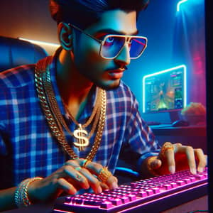 Hyper-Realistic Mahadev Gamer with Gold Dollar Necklace Playing Computer Games