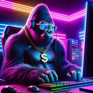 Realistic Gorilla Gamer with Golden Necklace in Neon Room