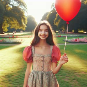 Happy Girl with Red Balloon in a Colorful Park
