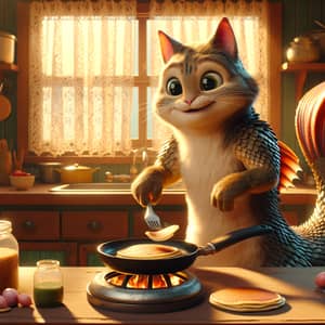 Unique Hybrid Cooking: Fish-Cat Chef in Colorful Kitchen
