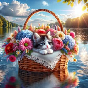 Adorable Cat in Flower-Filled Basket on Serene Lake