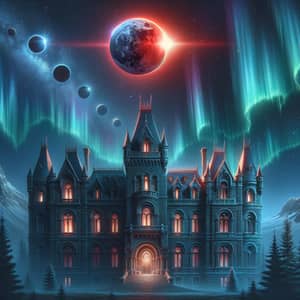 Red Moon Eclipse & Aurora Borealis Over Castle