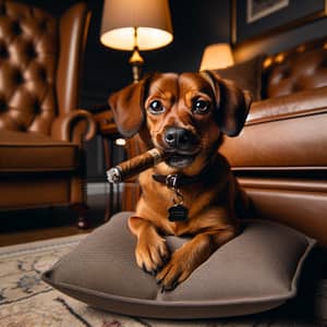 Humorous Brown Dog with Cigar on Plush Cushion