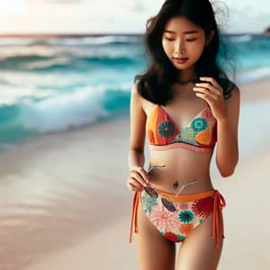 Chinese Woman in Bikini on Sandy Beach
