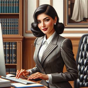 Vintage-Inspired Oil Painting of 28-Year-Old Tajik Woman in Office Suit