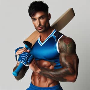 Fit Cricket Player in Blue Jersey with Bat | Unique Tattoos