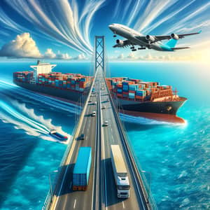 Global Logistics: Bridge, truck, airplane, and cargo ship in vibrant scene