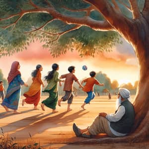 Nostalgic Sunset Scene | Diverse Children Playing | Watercolor Art