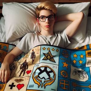 Blonde Boy with Glasses Lying in Bed with Fortnite Blanket