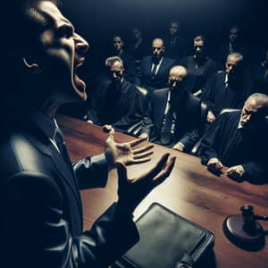 Passionate Lawyer Pleading Case in Courtroom - Dark Hues & Striking Contrasts