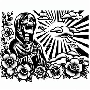 Black and White Death Tattoo Stencil - Symbolizing Happiness After Death
