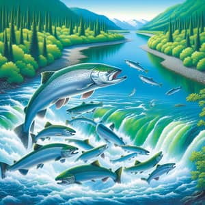 River Landscape: Salmon Jumping in Foaming Rapids