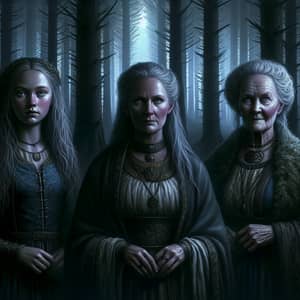 Three North Norns: Mythological Women in Dark Forest