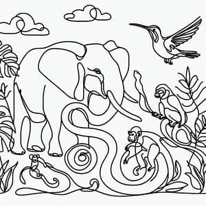Continuous Line Art: Elephant, Snake, Monkey, Hummingbird