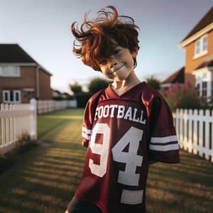 Excited Young Boy in Maroon Football Jersey | Sports Photography
