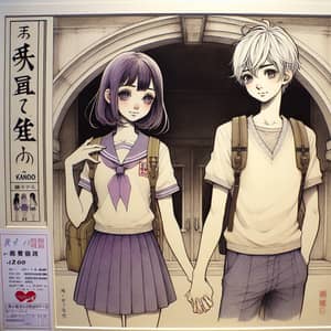 Japanese Manga Style Boy and Girl Holding Hands Under School Archway