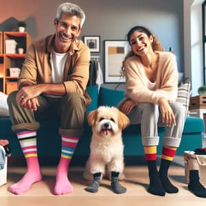 Colorful Socks: Man, Woman, Dog in Cozy Room