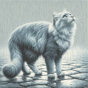 Tranquil Cat Scene Under Rain | Atmospheric and Cold Palette