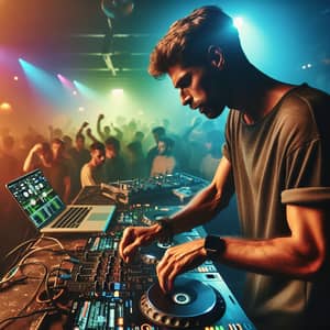 Energetic Caucasian Male DJ Set with Crowd in Colorful Atmosphere