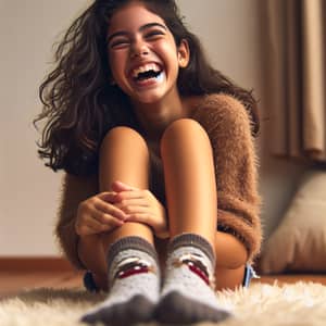 Joyful Laughter of 13-Year-Old Hispanic Girl on Fluffy White Carpet