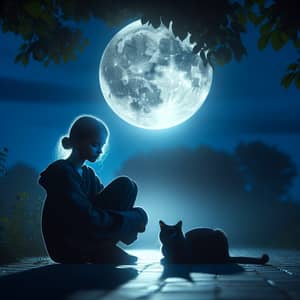 Tranquil Scene: Girl with Black Cat Under Radiant Moonlight