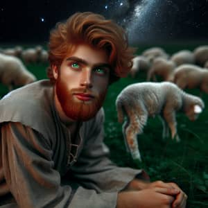 Young Red-Haired Shepherd in Starry Field Stargazing with Flock