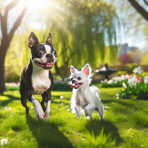 Boston Terrier Playing with White Miniature Pinscher in Grass Park
