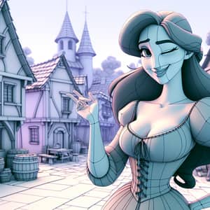Graceful Woman Winking in Medieval Village - Pixar Style