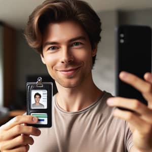 Caucasian Male Capturing Selfie with ID in Well-Lit Room