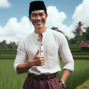 Jokowi | Middle-Aged Asian Man with Friendly Smile and Thumbs-Up Sign