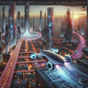 Futuristic Flying Car in Vibrant Cityscape | Advanced Technology
