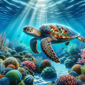 Graceful Sea Turtle Swimming Among Colorful Corals