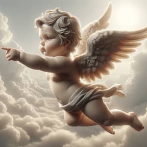 Caucasian Baby Angel with Feathered Wings in Flight
