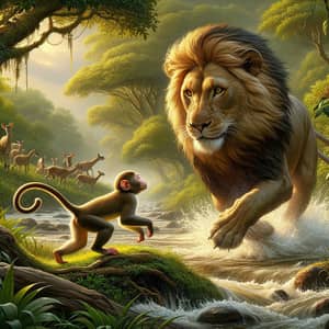 Playful Monkey Chase with Majestic Lion in Lush Bush