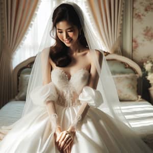 Asian Bride Sitting on Ornately Decorated Bed | Serene Pre-Ceremony Moment