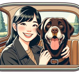 Animated Poster of Girl with Labrador in Vintage Car