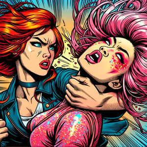 Dynamic Comic-Inspired Scene: Redhead vs Pink-Haired Girl