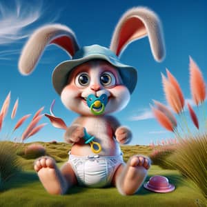 Animated Rabbit in Diaper with Baby Hat and Pacifier in Vast Pampas Grassland