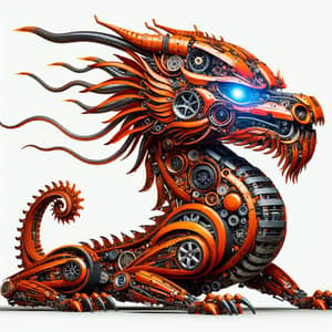 Intricately Designed Orange Dragon Made from Car Parts