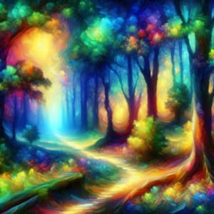 Mystical Forest with Hidden Path: Vibrant Impressionistic Painting