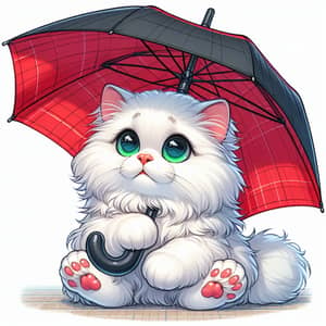 Adorable White Cat with Red and Black Umbrella