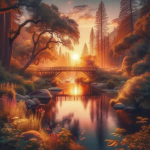 Tranquil Sunset Landscape with Old Wooden Bridge and River