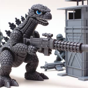 Godzilla in cartoon style with a machine gun in his hands shoots at MAG