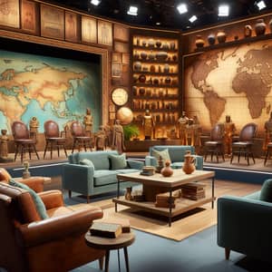 Historical Talk Show Studio Set - Ancient Artifacts, Maps, & Old Books