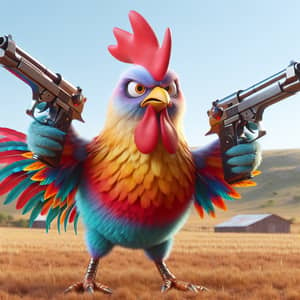 Animated Chicken with Two Pistols | Rustic Countryside Setting