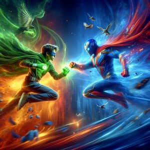 Intense Battle between Green-clad Hero and Blue-Red Figure